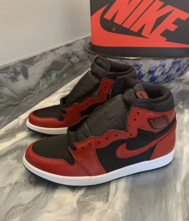 Nike air jordan 1 high og black satin varsity red custom painted men’s 10.5