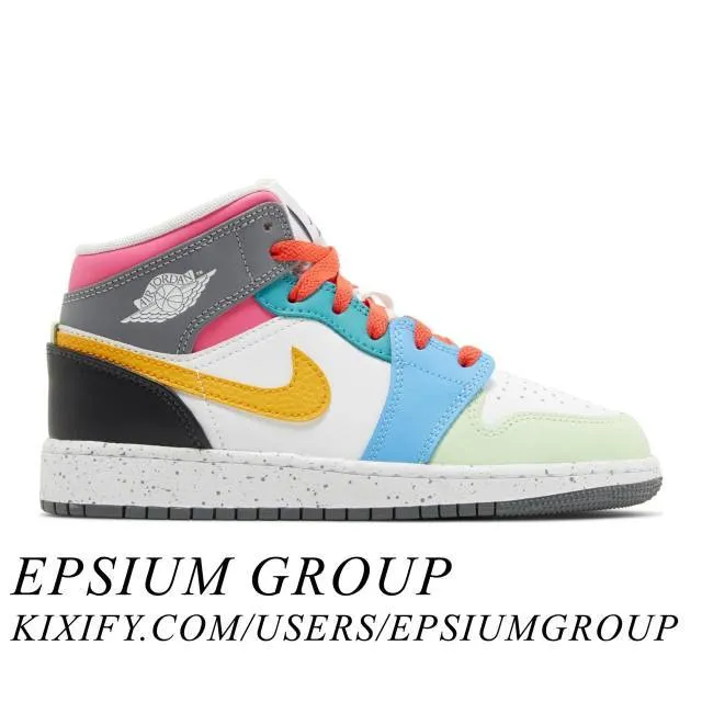 Nike air jordan 1 mid se gs (multi-color/ white/ taxi/ dark shadow/ hyper pink/ new emerald/ vapor green) big kids 3.5y-7y fn119