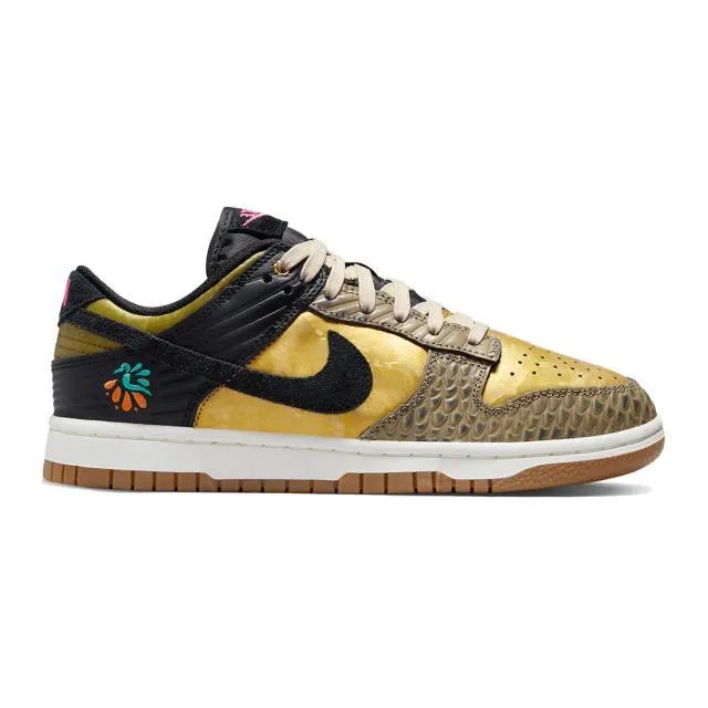 Nike women's dunk low (dia de muertos/ gold/ black/ khaki/ metallic gold/ medium ash/ sail/ clear ja