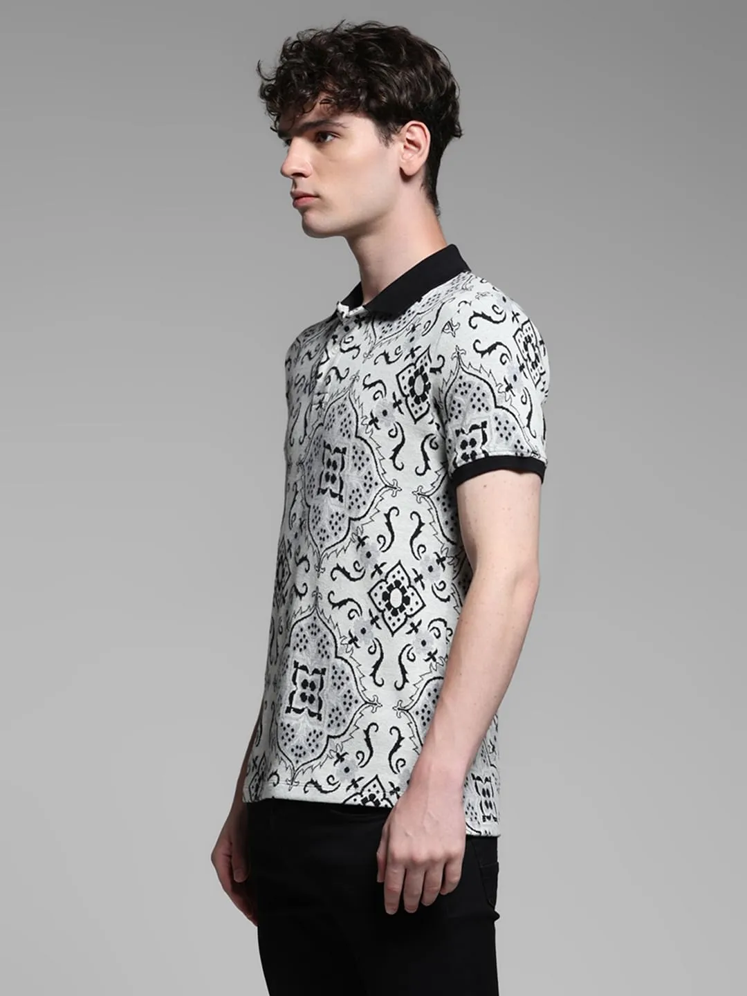 White Jacquard Printed Polo