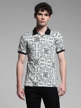 White Jacquard Printed Polo