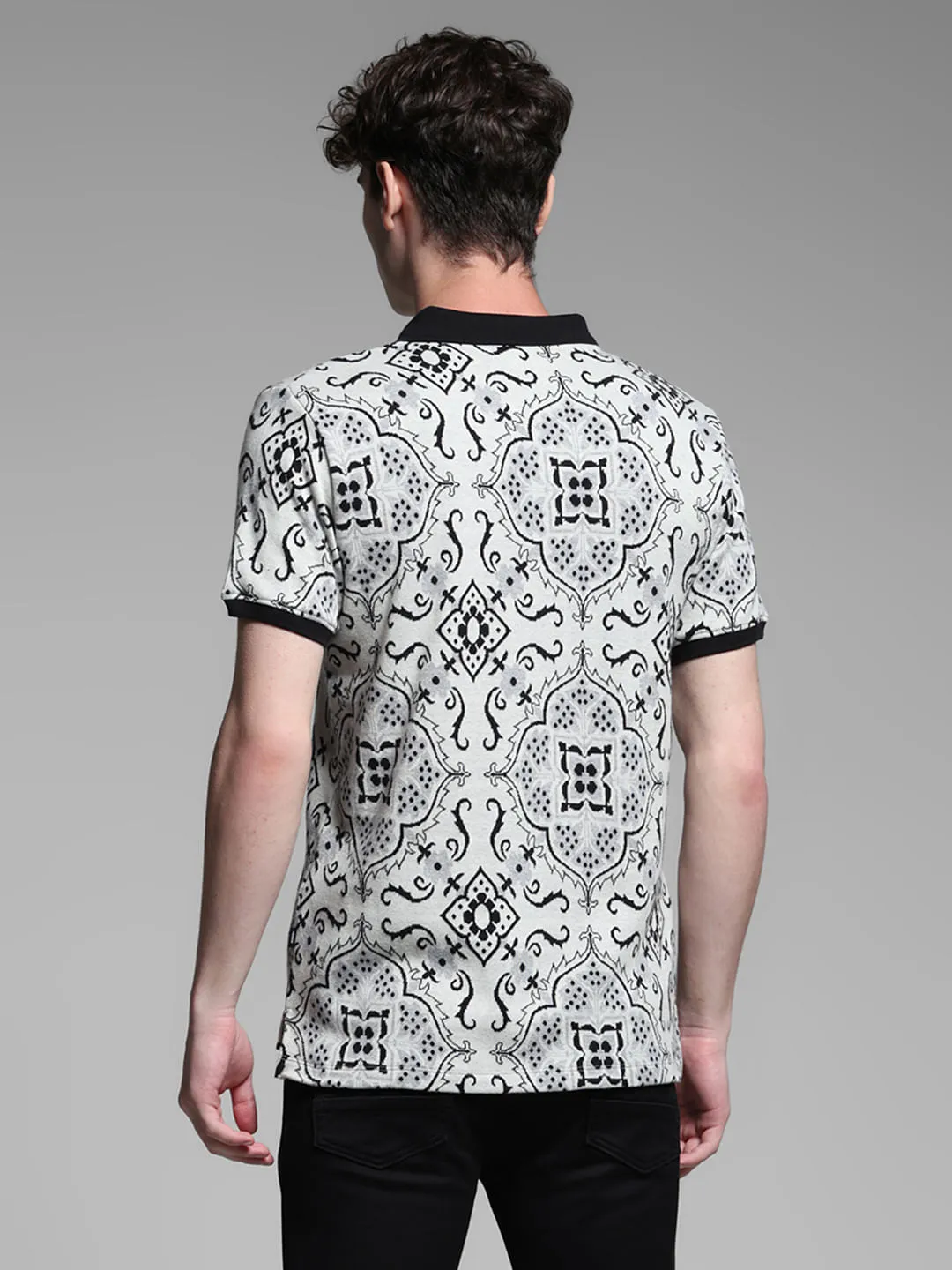 White Jacquard Printed Polo