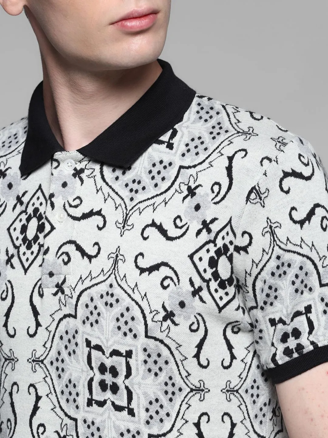 White Jacquard Printed Polo