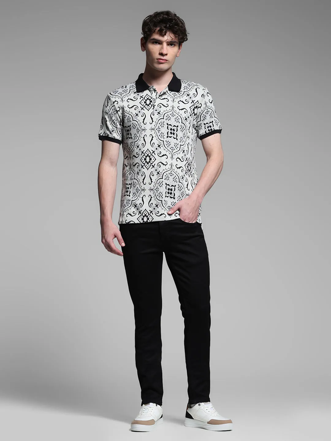 White Jacquard Printed Polo