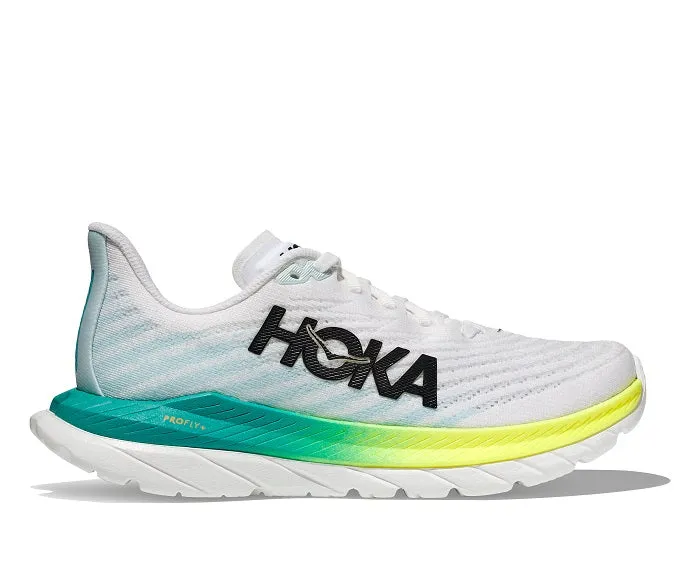 Womens Hoka Mach 5 Wide in White/Blue Glass